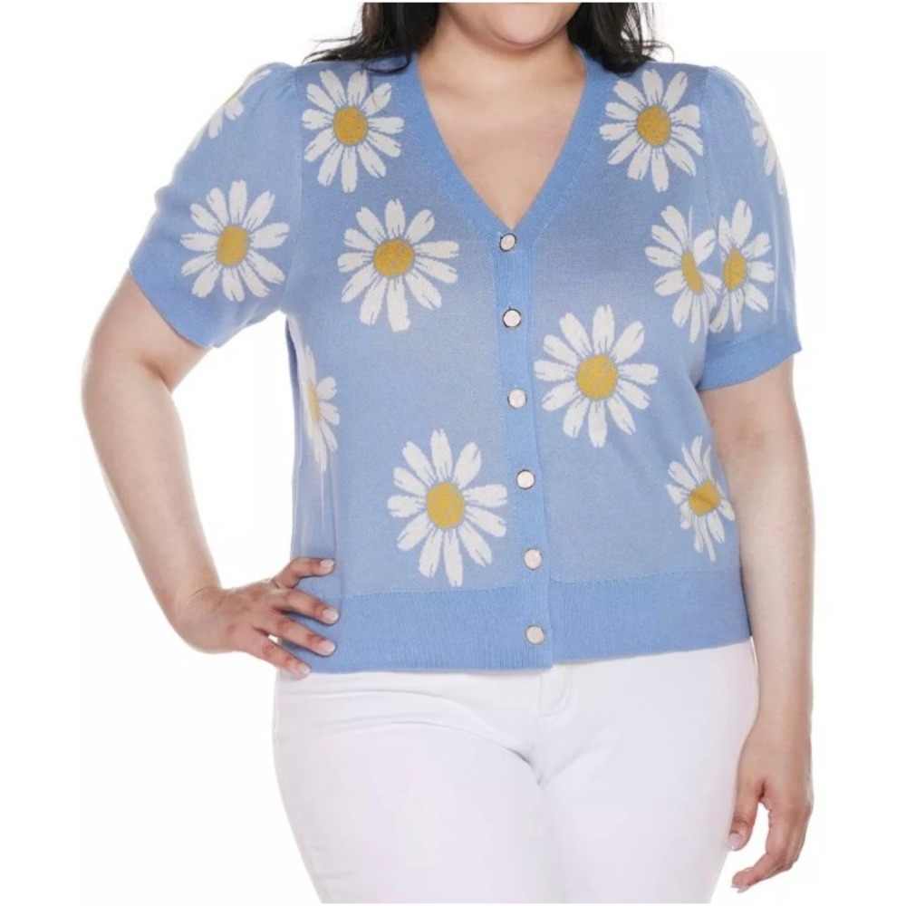 Belle by Belldini Women 3X Blue Daisy Floral Puff Short Sleeve Cardigan Sweater - Picture 4 of 10